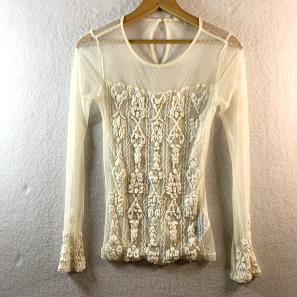 Guess Tops - Guess Womens Sheer Crochet Pearl Rhinestone Top Sz XS Ivory Romantic Fairy Angel